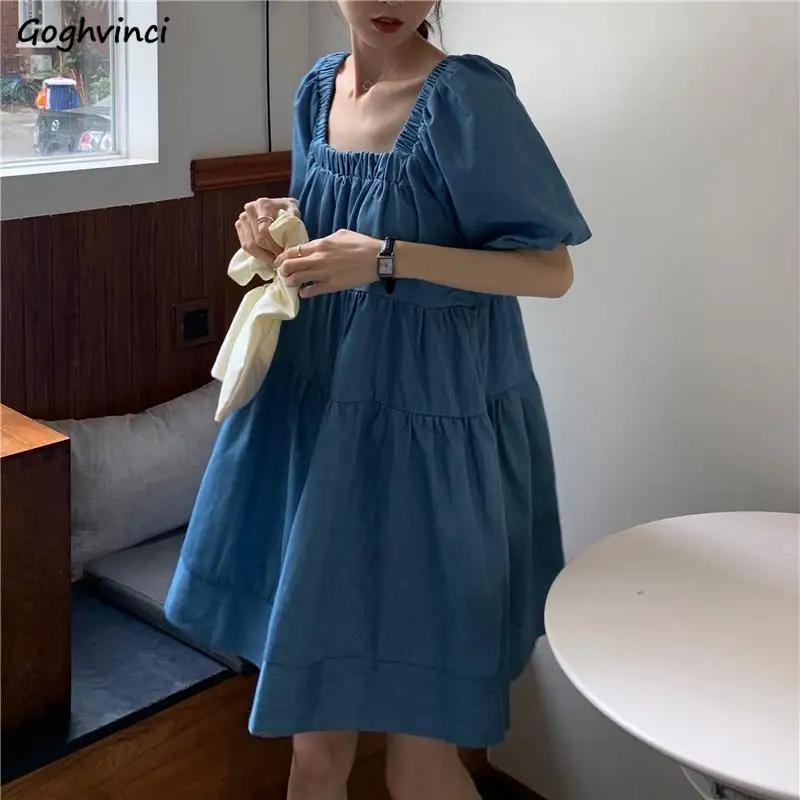 Short Sleeve Dress Women Square Collar Elastic Puff Sleeves Pleated Females Dresses Solid Summer Above Knee A-line Korean Style