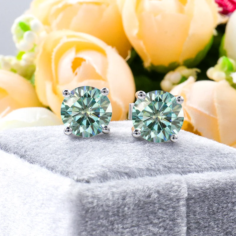 Customized 925 Silver White Gold Plated Push Back Light Blue Greenish Color VVS 8mm Round Cut 4tcw Lab Moissanite  Earrings