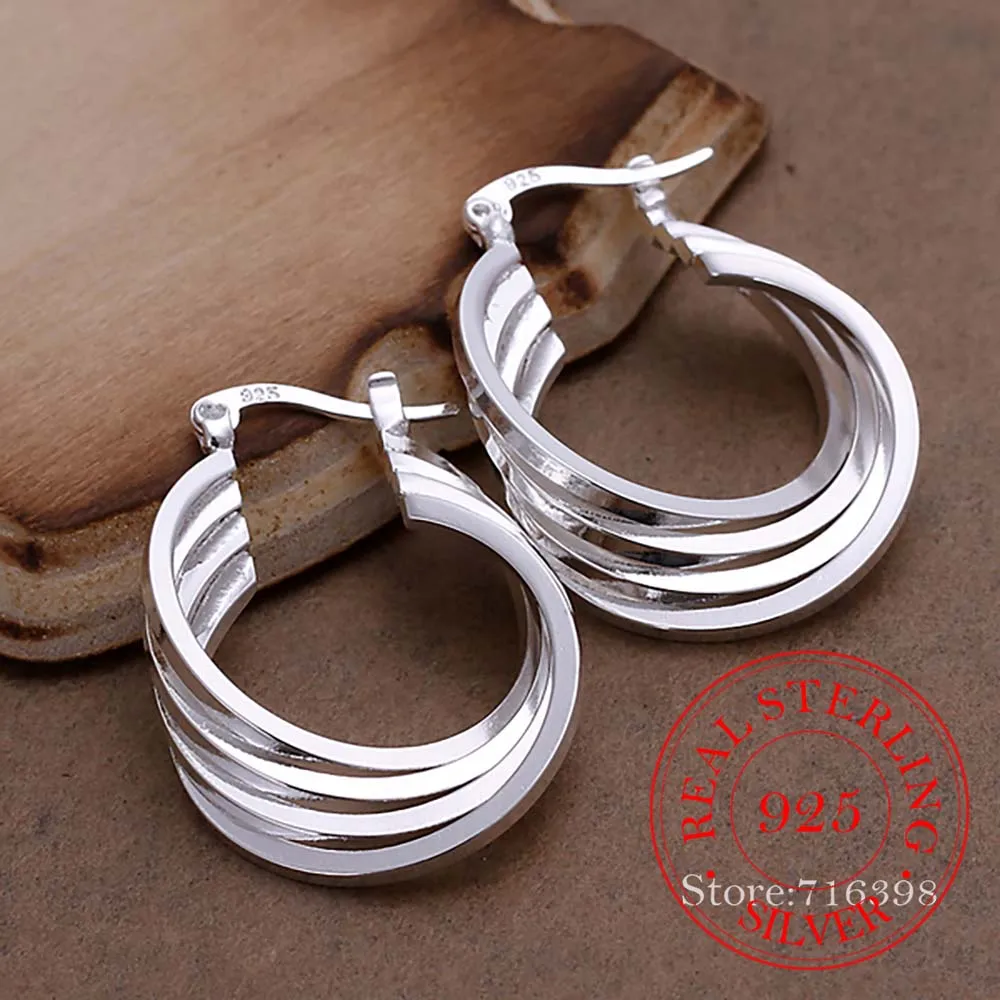 Personality Hyperbole 100% 925 Sterling Silver 4-line Vintage Circle Hoop Earrings For Women Sterling-Silver-Jewelry Pendientes