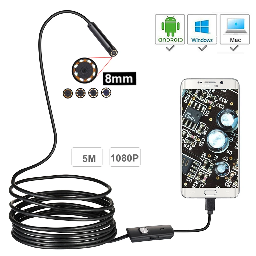 1080P Full HD USB Android endoscopio Camera IP67 1920*1080 1M 2M 5M MicroUSB ispezione videocamera Snake periscopio tubo