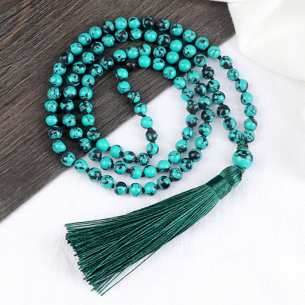 Fashion 108 Mala Beads Buddhist Necklaces Natural Stone 6mm Bohemian Knotted Long Tassel Necklace Yoga Meditation Bangle Jewelry