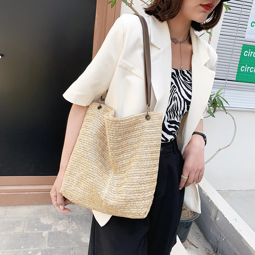 

New Women's Trend Straw Bags Woven Shoulder Crossbody Bag Ladies Summer Beach Large Capacity Tote Shopper Purses and Handbags