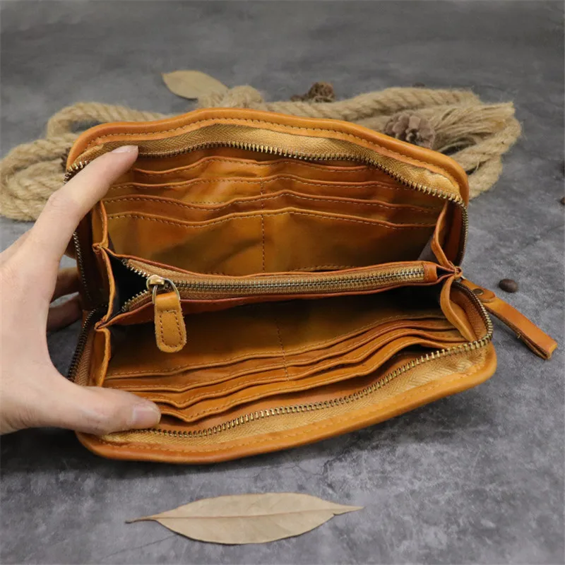 Pochette universale da uomo e da donna in vera pelle naturale stilista retrò portafoglio lungo di grande capacità in pelle bovina di alta qualità