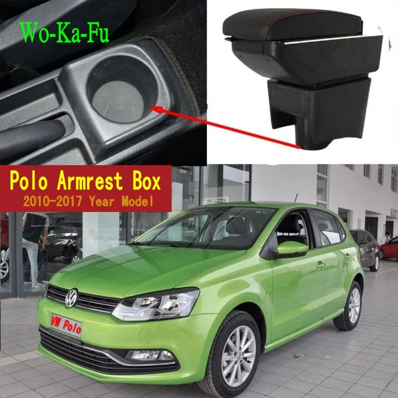 Reposabrazos para Volkswagen VW Polo, caja de almacenamiento de contenido de tienda Central, consola Central con portavasos, Cenicero USB