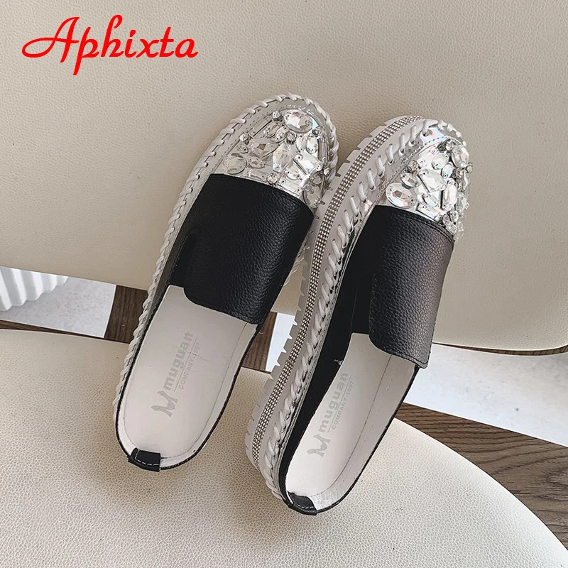 Aphixta New Crystals Flat Platform Mules Women Bling Diamond Rubber Rhinestone Lofers Shoes Fashion Slides Plus Size 42 43