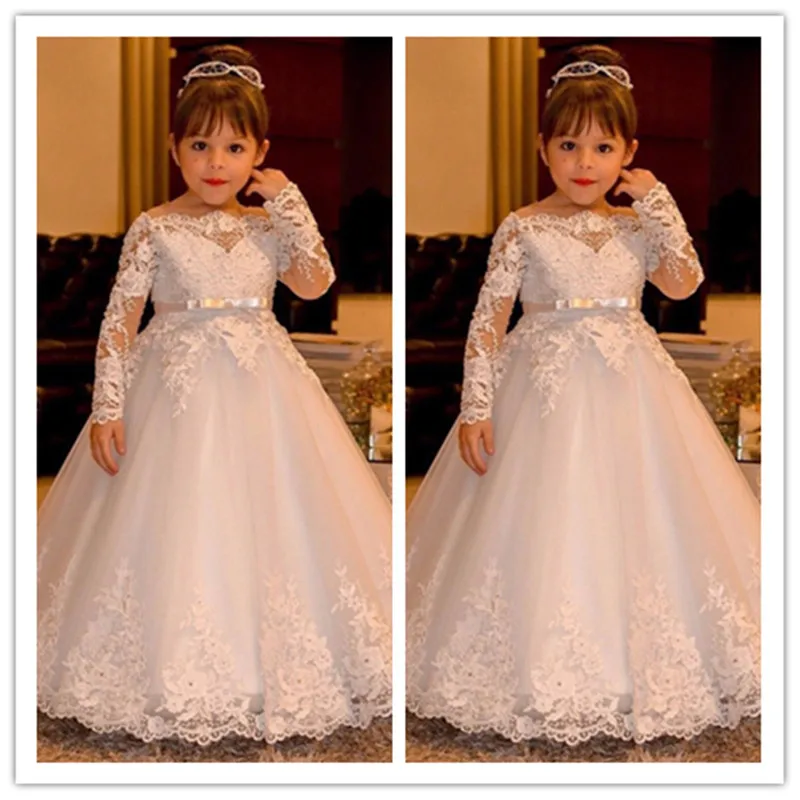 

Elegant Lace Long Sleeve Boat Neck Vintage Princess Flower Girls Dresses for Weddings Girl Pageant Gowns Holy Communion Dresses