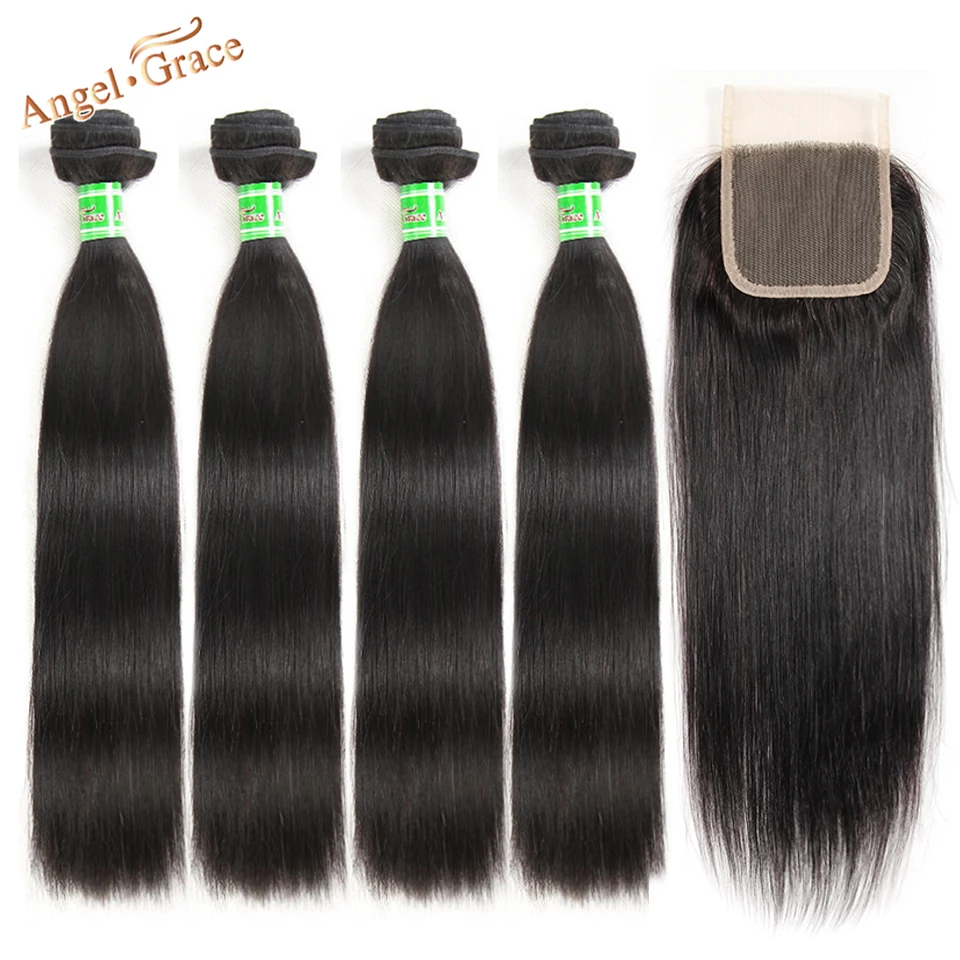 Peruvian Straight Hair 4 Bundles With Closure Remy Human Hair Bundles With Lace Closure Angel Grace Hair And Closure Free Ship