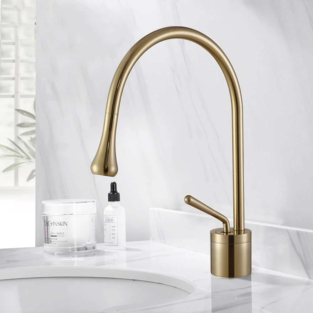 Grifos de lavabo dorado cepillado, mezclador de latón con rotación de 360 grados, para cocina, baño, negro, mezcladores de agua caliente y fría