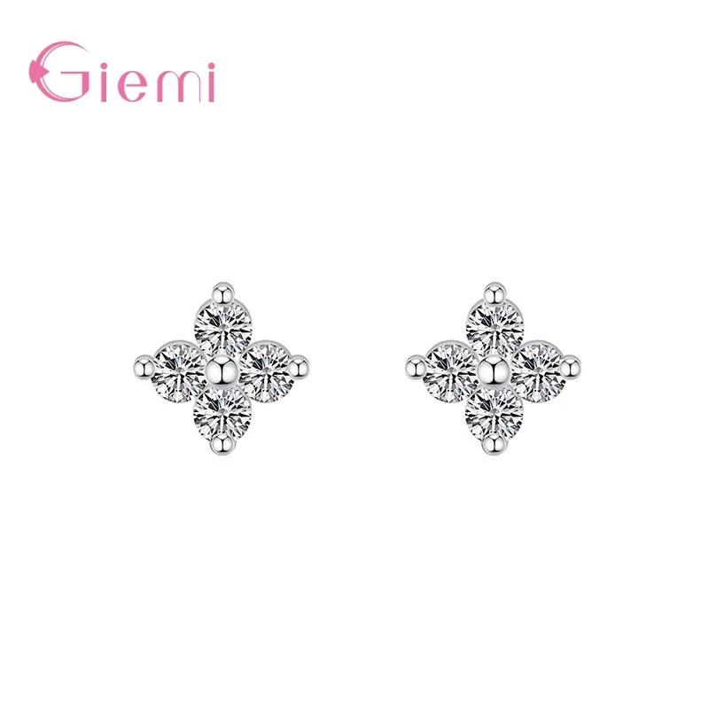 Pendientes de plata de ley 925 auténtica para mujer, aretes pequeños con forma de flor de trébol, Circonia cúbica blanca, joyería para regalo de Navidad y fiesta