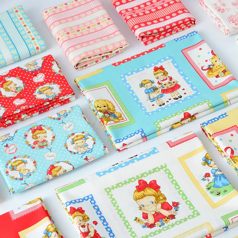 Cotton Fabric Cartoon Girl Strawberry Breathable Soft for Sewing Clothes DIY Handmade by Half Meter