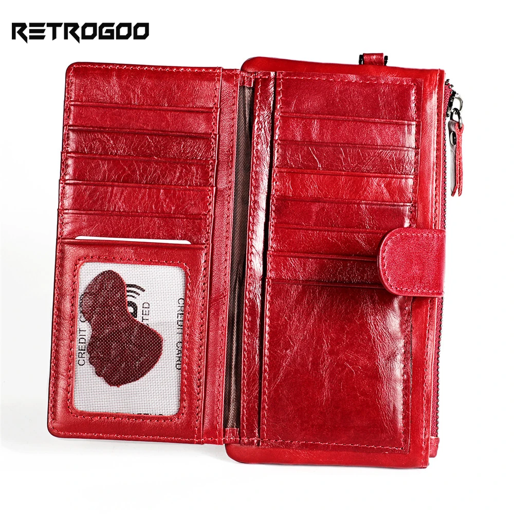 

RETROGOO Oil Wax Leather Women Long Wallet Red Female Purse Multifunction Wallets For Ladies Clutch Money Bag Girls Carteira