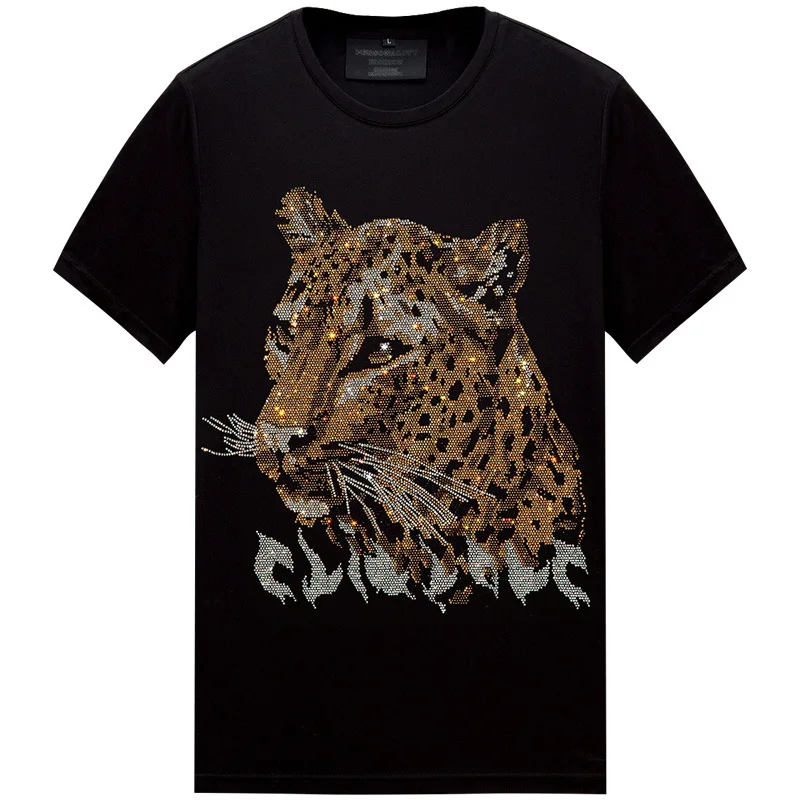 2024 Leopard Rhinestones Men T Shirts Streetwear Fashion Clothing Slim Modal Cotton O Neck Short Sleeve T-shirts Plus Size 6XL