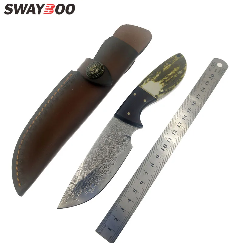 

Swayboo Fixed Blade Damascus Steel Rosewood+ Antler Handle Camping Hunting Knife With Cowhide Leather Cover