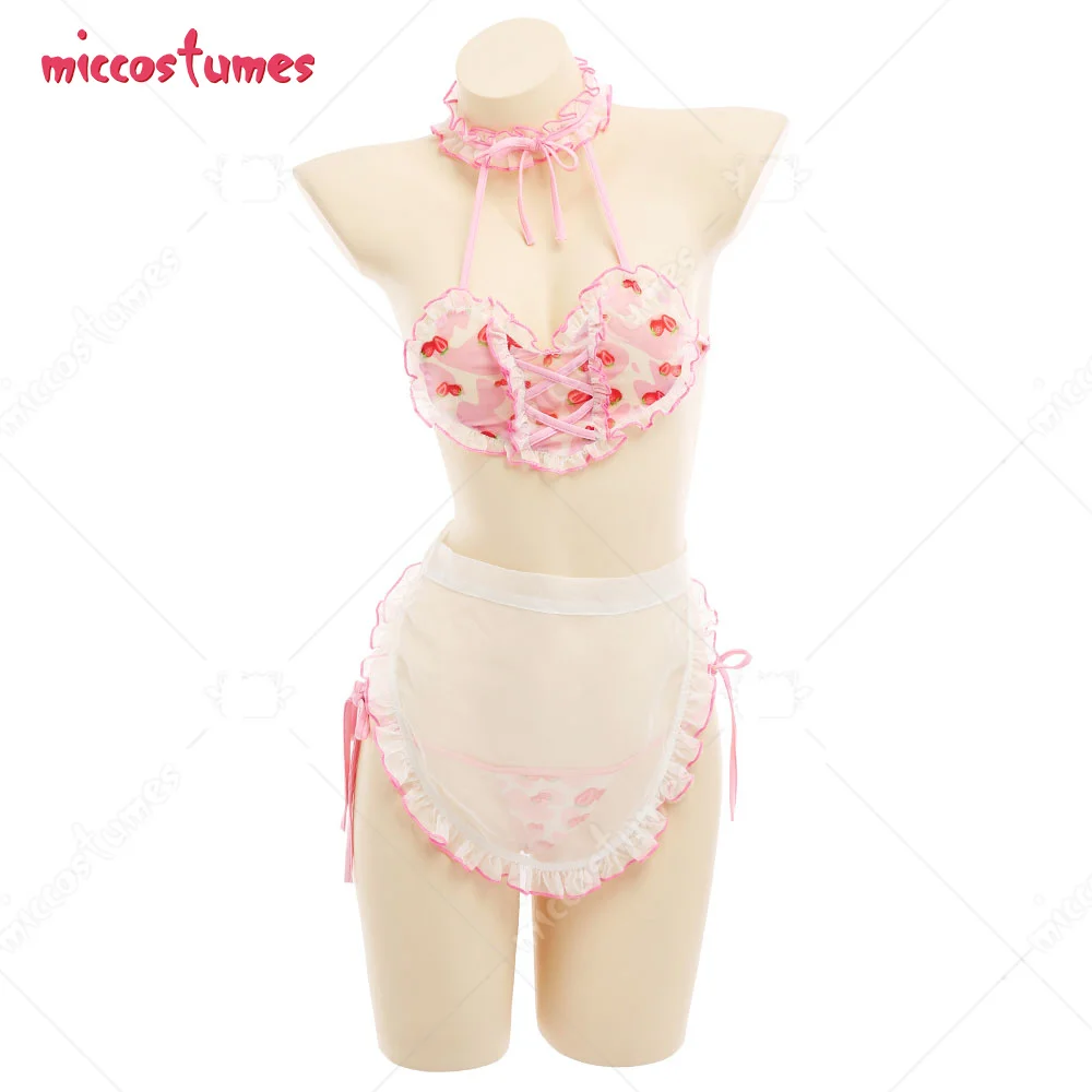 

Women Strawberry Milk Cow Pattern Decorated Heart-shaped See-Through Top Lingeries Costume Maid Outfit with Thong Apron