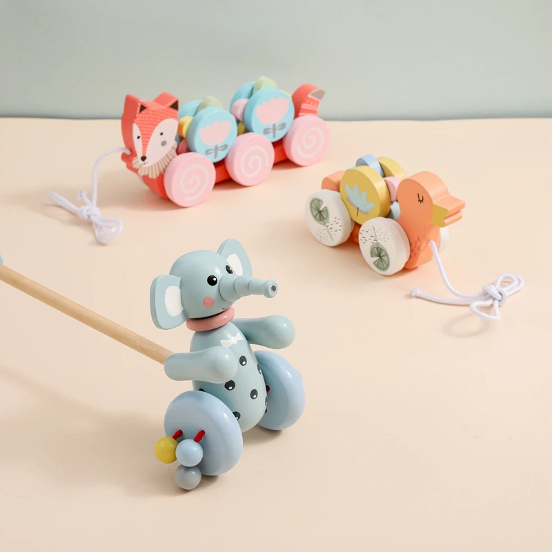 

Wooden Toy Baby Educational Elephant Trailer Toy Traction Hand-Drawn String Pull Rope Toys Push Children Drag Toys Gift for Kids