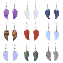 KFT Natural Carved Healing Reiki Crystal Quartz Stone Earring Amethysts Lapis Lazuli Angel Wing Dangle Hook Stone Earrings