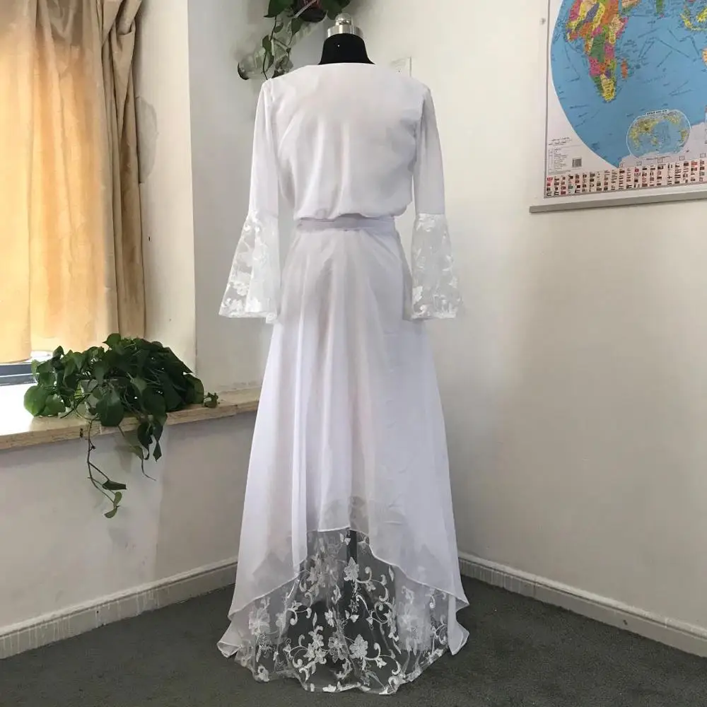 Customized V-Neck Beach Boho Wedding Dresses Bohemian Hippie Style Deep Long Sleeves Lace Flower Country Bridal Gowns