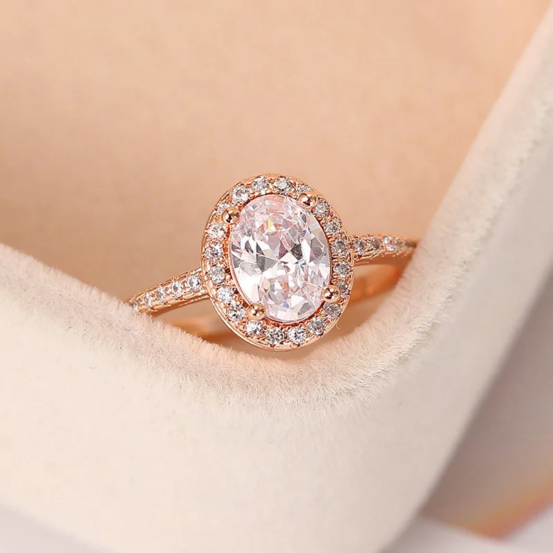 Wedding Engagement Ring for Women Oval Crystal Moissanite Promise Ring Rose Gold Color Marriage Bride Jewelry Accessories OHR078