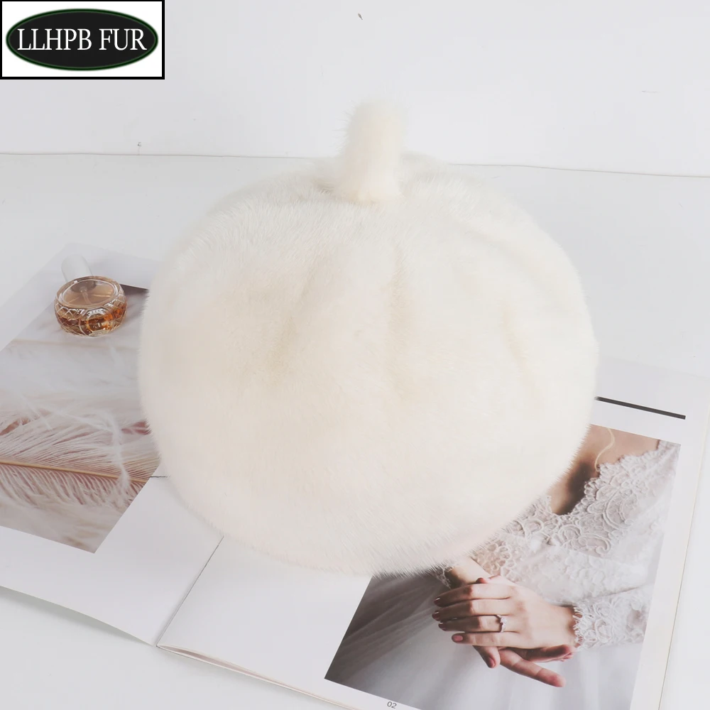 

2024 New Fashion Ladies Pumpkin Genuine Mink Fur Beanies Hat Full Pelt Luxurious Women Real Mink Fur Hats Winter Warm Fur Caps