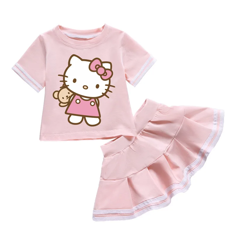 Hello Kitty Summer Girls Cartoon abito in due pezzi di cotone T-shirt a maniche corte girocollo per bambini + gonna a pieghe abito dolce carino