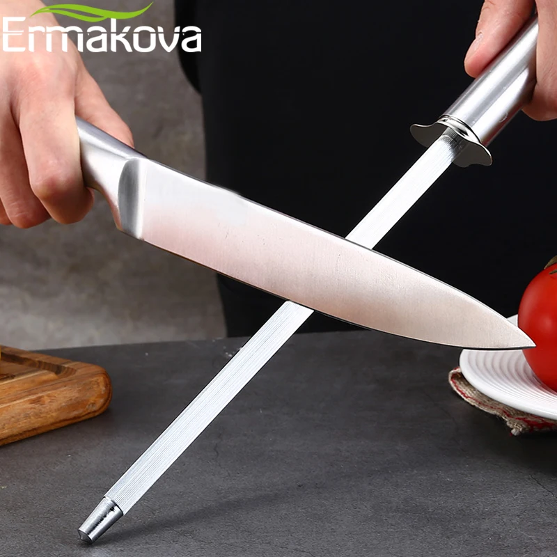 ERMAKOVA Knife Sharpening Rod 12 Inch Kitchen Honing Steel Knife Sharpening Carbon Steel Durable Stainless Steel Knife Sharpener