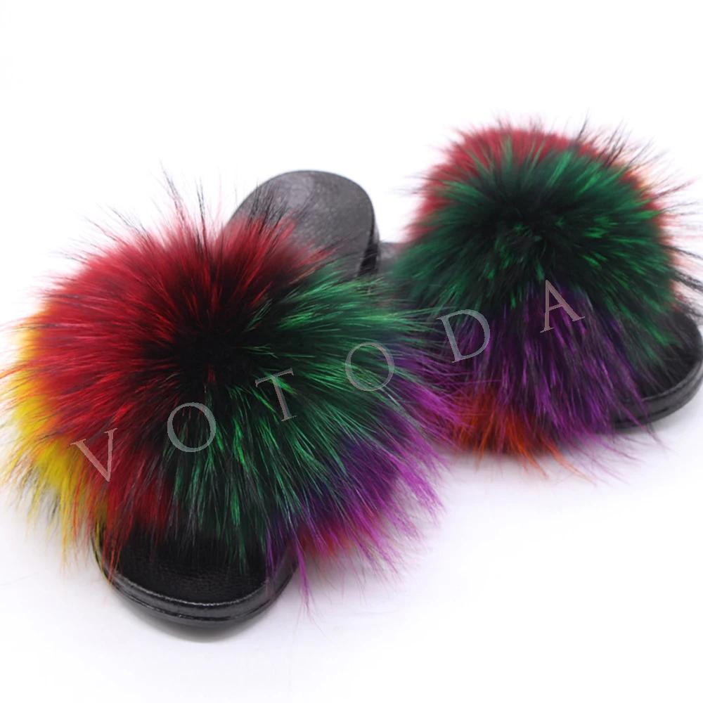 Summer Women Fur Slippers Woman Fluffy Raccoon Fox Fur Slides Female Furry Outside Flat Flip Flop Ladies Rainbow Slip On Sandals