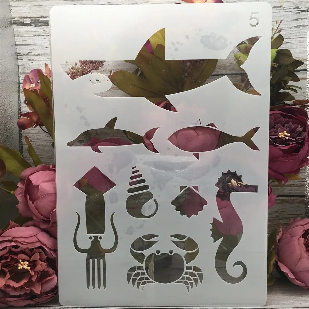 4Pcs A4 29cm Shark Giraffe Ocean Forest Animals DIY Layering Stencils Painting Scrapbook Coloring Embossing Decorative Template