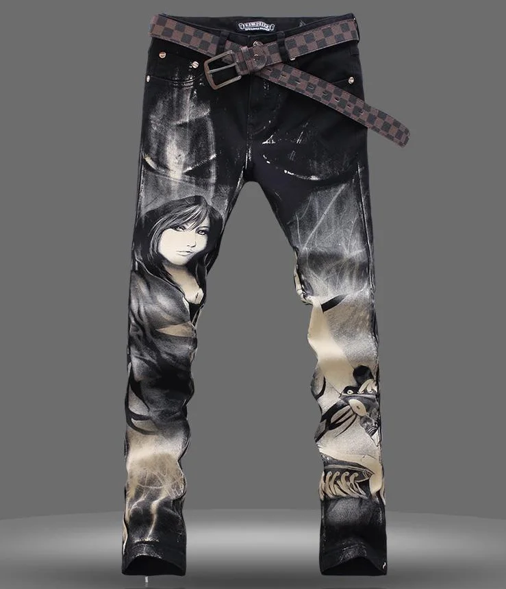 fashion Men's Beauty Print Jeans Male Colored Drawing Painted Slim Denim Pants Elastic Black Long Trousers For Men