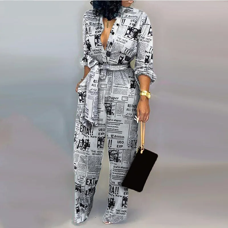 Harajuku Fashion Casual Newspaper Print One Piece Pants Loose Lapel Long Sleeve Women's Shirt Pants 2021Plus Size Jumpsuit Women