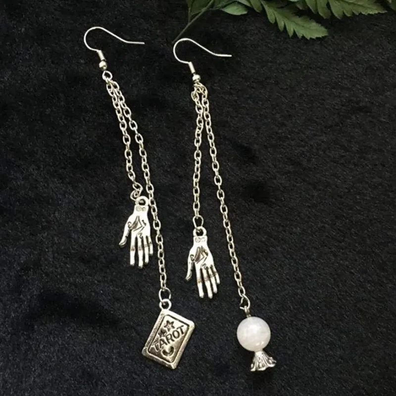 Tarot Card Earrings  Witchy Jewelry Gothic Fortune Teller,Natural Moonstone Crystal Ball Earring with Palmistry Charms