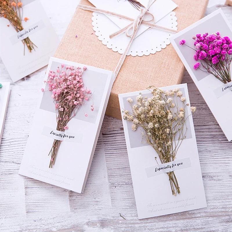 10pcs A Gift Card Wedding Invitations Greeting Cards Gypsophila Dried Flowers Handwritten Blessing Birthday Thank You Envelope