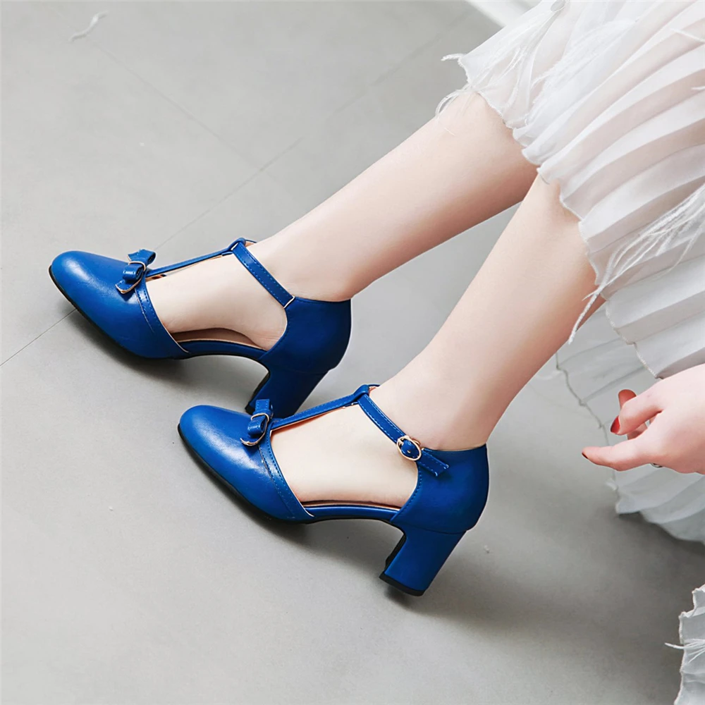 New Women Mary Janes Pumps T-Strap Ladies 6.5cm Spike Heels Shoes Sweet Bowtie Lolita Buckle Strap Wedding Bridal Shoes 34-43