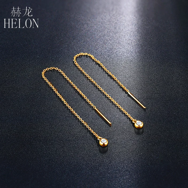 HELON Solid 18k Yellow Gold Round Cut SI/H Natural Diamonds Drop Earrings Nice Simple Trendy Party Fine Jewelry Chain Earrings