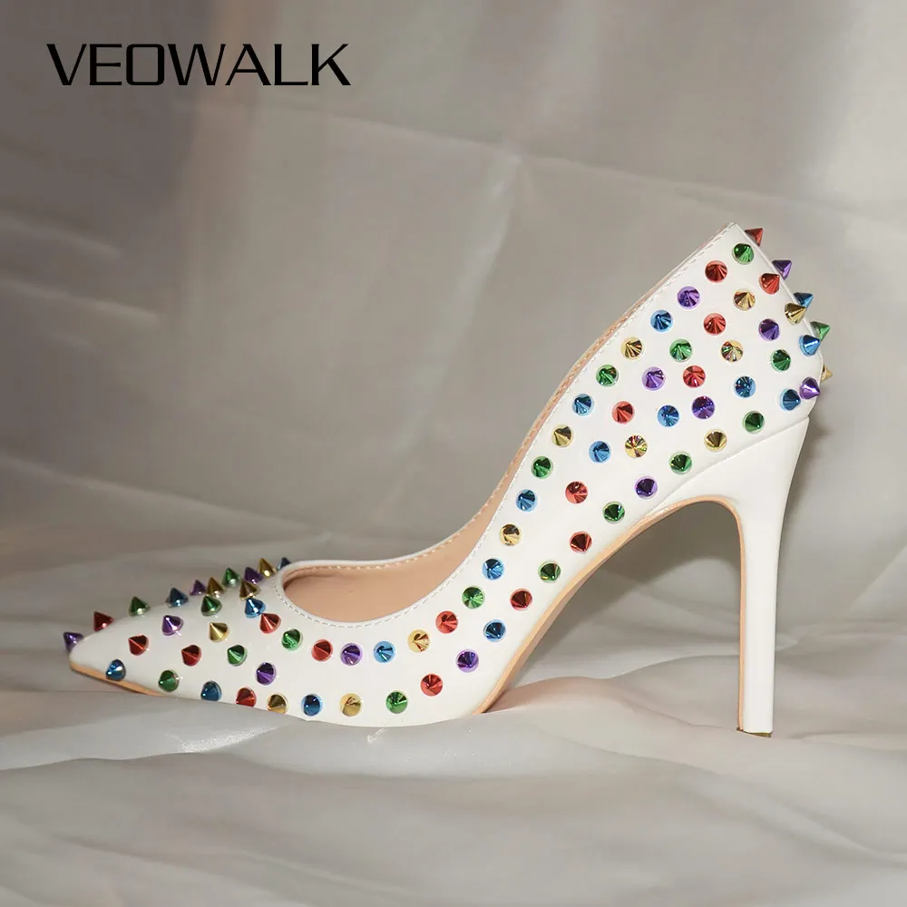 

Veowalk Multicolor Spikes Women Sexy Pointy Toe High Heels Ladies Rivets White Pumps Low Cut Stiletto Party Shoes 12/10/8cm Heel