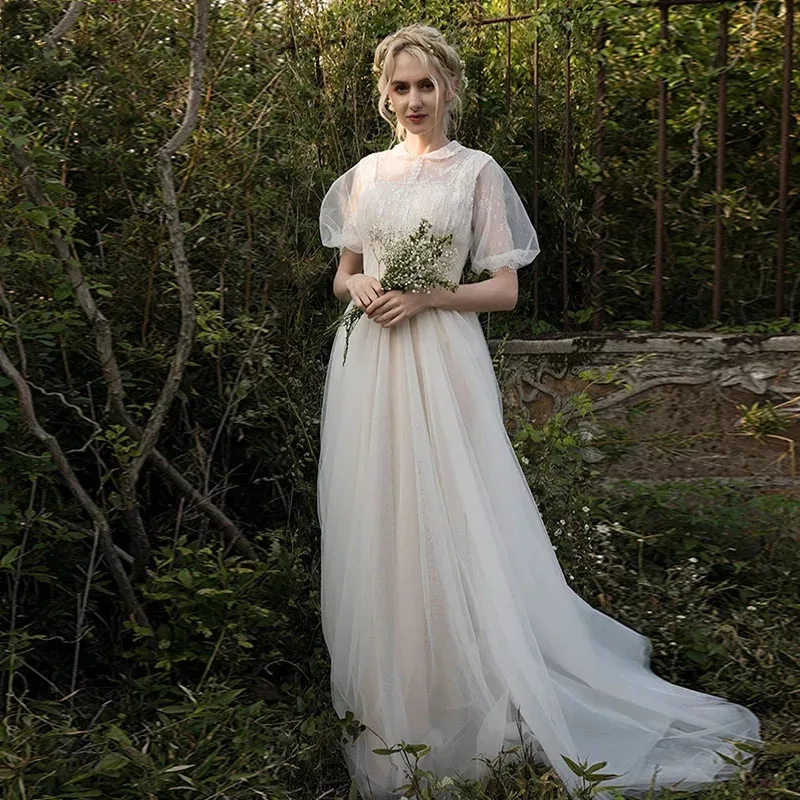 Vestidos De Novia Vintage De encaje, Vestido De Novia con cuello redondo, mangas cortas abullonadas, estilo campestre