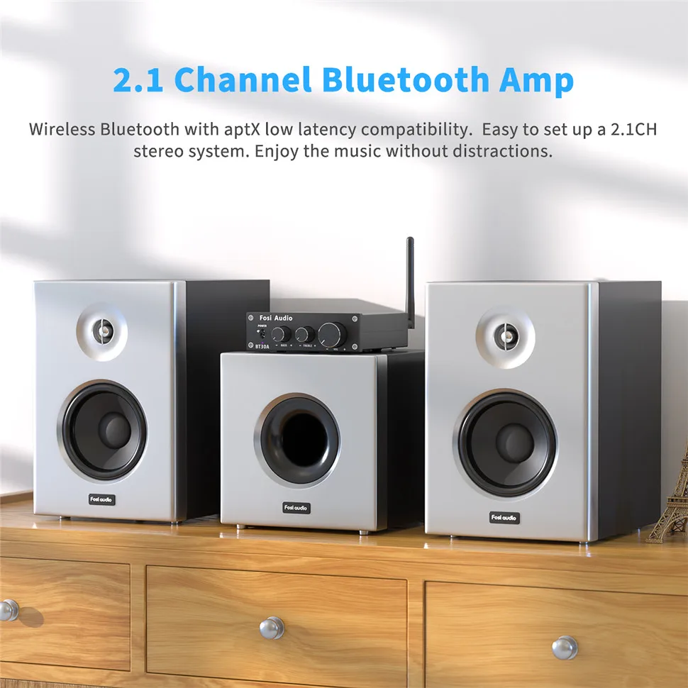 Fosi Audio BT30A amplificateur Bluetooth numérique 2.1 canaux avec amplificateur Audio stéréo basse et aigus pour haut-parleurs passifs domestiques caisson de basses