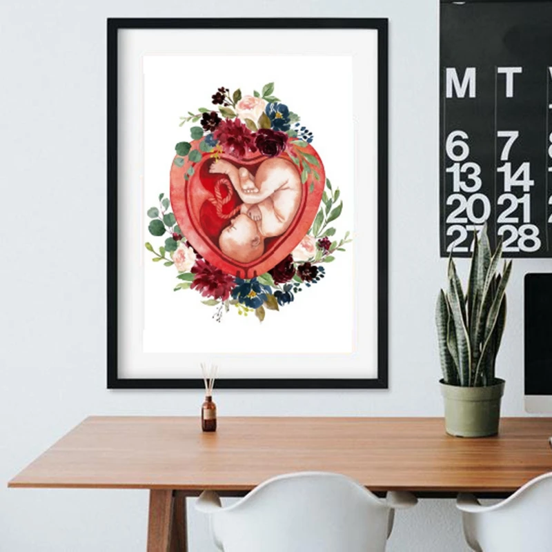 Pregnancy Watercolor Floral Print Wall Art Midwife Gift Gynecologist Doula Medical Education Poster Canvas Painting Wall Decor