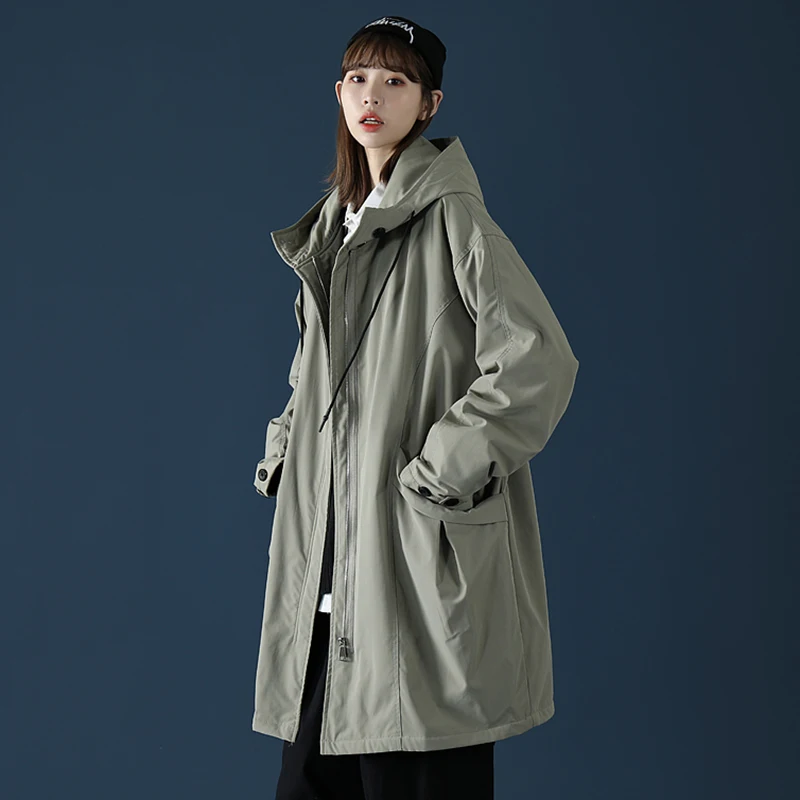 

Fashion Mid-length Windbreaker Women 2022 New Spring Autumn Loose BF Retro Tooling Korean Long Trench Coat A843