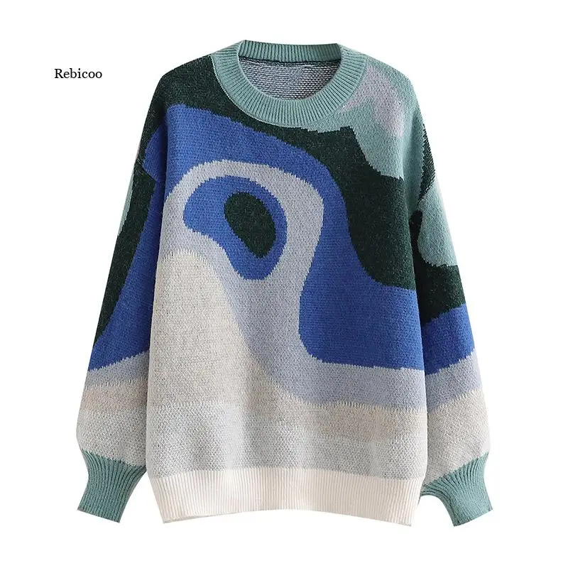 

Autumn Women Chic Printed Sweaters Vintage Batwing Long Sleeve O Neck Jumper Tops Female Fashion Casual Sweaters