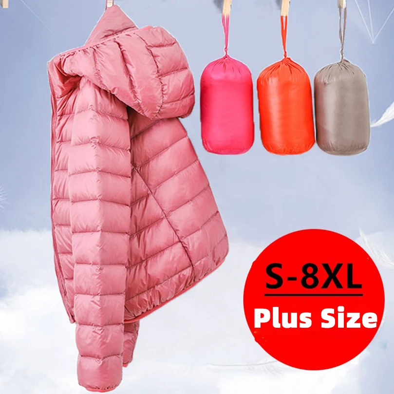 M-8XL Women\'s Lightweight Duck Down Jacket Warm Winter Hooded Feathers Coat Female Puffer 5xl 6xl 7xl Cloth Girls 2023