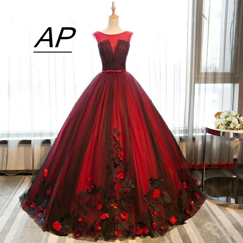 Angelsbridep czerwona suknia balowa Quinceanera sukienki 2021 na 15 Party formalna 3D kwiatowa tiulowa słodka 16 Masquerade Princess Vestidos