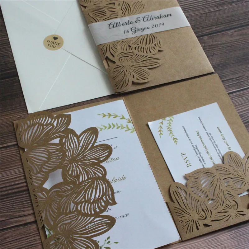 Craft rural wedding invitation card with envelop sticker personalize invite printing transparent belly band 50 sets/lot