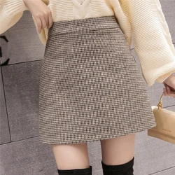 New Fashion Plaid A-Line Mini Skirt Women Autumn Winter High Waist Woolen Skirt Female Casual All-match Basic Short Skirt