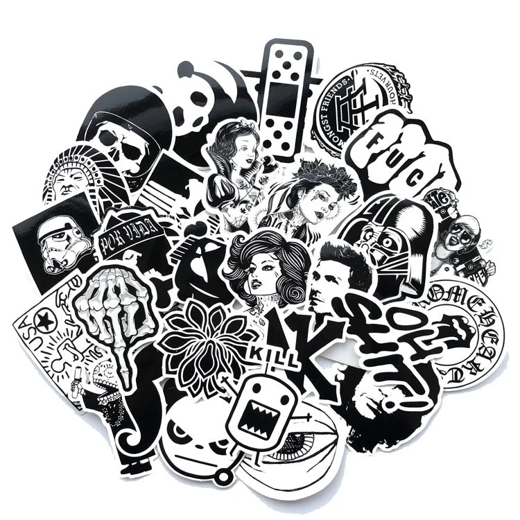 10 Sets=600PCS Black and White Personalized PVC Stickers Car and Motorcycle Trolley Case Stickers