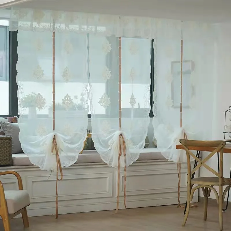 Window Curtain Embroidery Tie-Up Roman Balloon Curtains, Sheer Valance, Shade for Bedroom, Living Room, Kitchen Fan