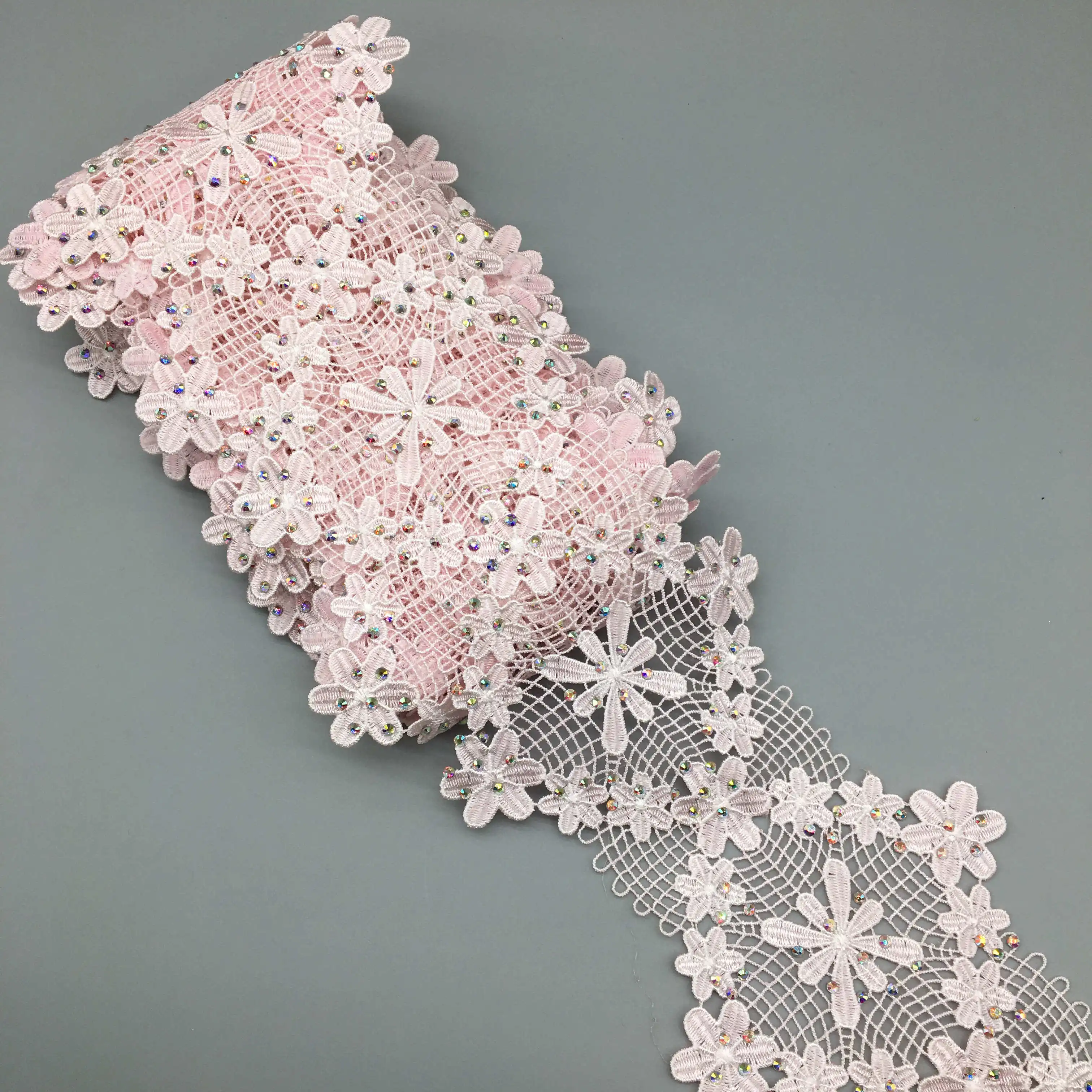 

1 Yard Pink 3D Rhinestones Diamond Lace Trim Ribbon Embroidered Applique Glitter Patches DIY For Wedding Dress Hat Clothes Shoes