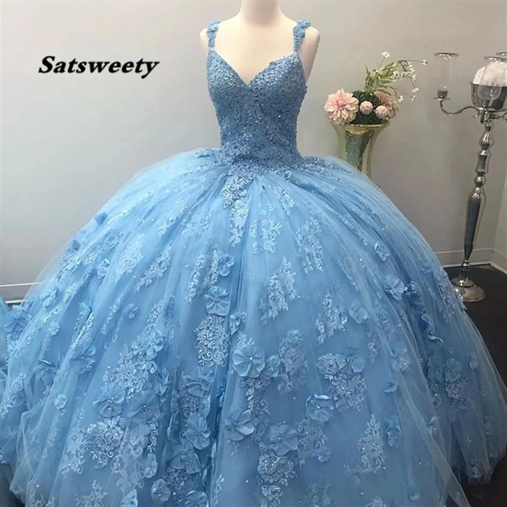 Ánh Sáng Xanh Da Trời Quinceanera Áo Amazing 3D Ren Appliques Tay Hoa Với Hạt Bầu Sweet 16 Vestidos Hứa bộ Đồ Bầu