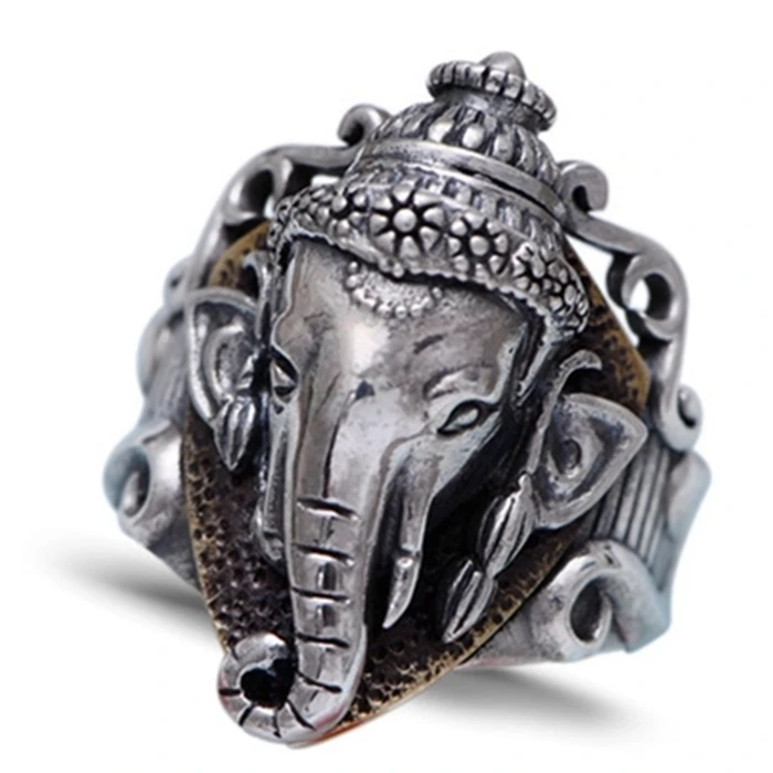 925sterlingsilverretro Thai silver wide-faced elephant head god men\'s style over the weather nose god elephant index finger ring