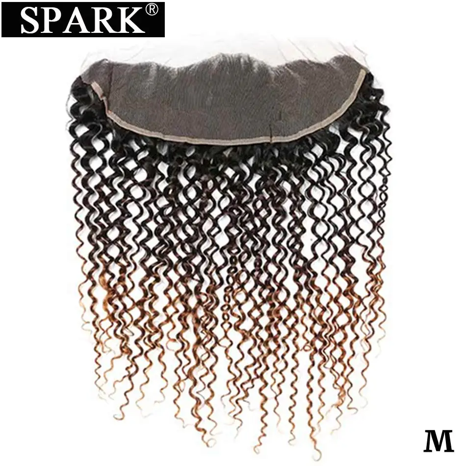 Spark Brazilian Human Hair Closure Kinky Curly Lace Frontal Closure 13x4 Ear to Ear Free Part Remy Ombre Color Medium Ratio