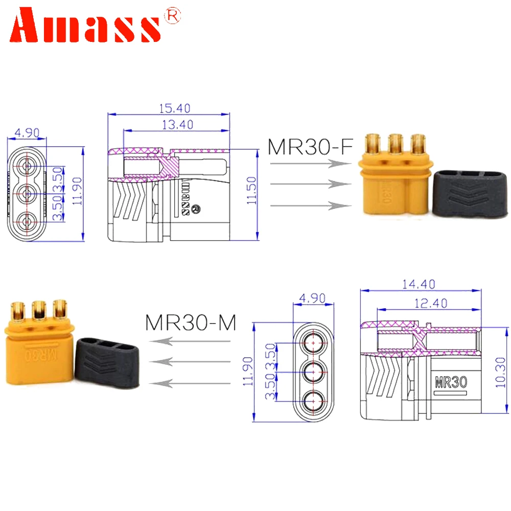 Amass MR30 Nữ Nam Viên Đạn Đầu Nối Cắm Với Vỏ Bọc Cho RC Pin Lipo, Tỷ Thuyền Quadcopter Multicopter Đồ Chơi